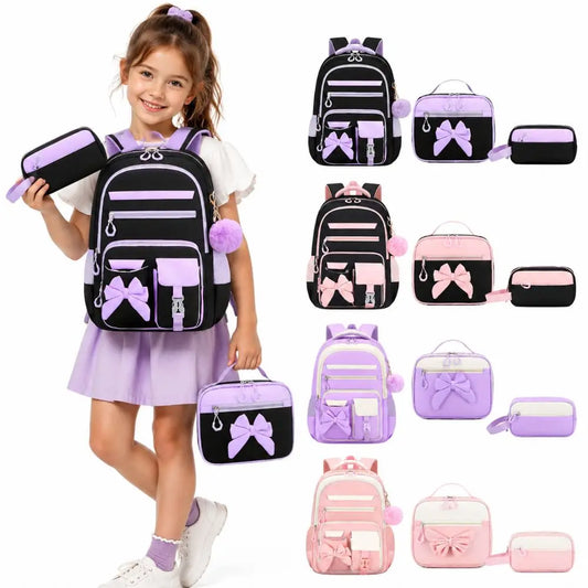 3PCS Cartoon Backpack,lunch Bag,Pencil Case Set Oxford Cloth Large Capacity Bow-knot Schoolbag Set Waterproof Lightweight
